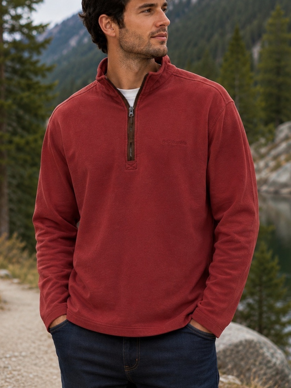 Columbia Quarter Zip Pullover Sweatshirt Rust Red Mock Neck Fleece Sweater Sz Lg